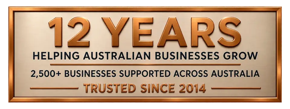 Bronze plaque reading 12 years helping Australian businesses grow, 2,500+ businesses supported across Australia, trusted since 2014
