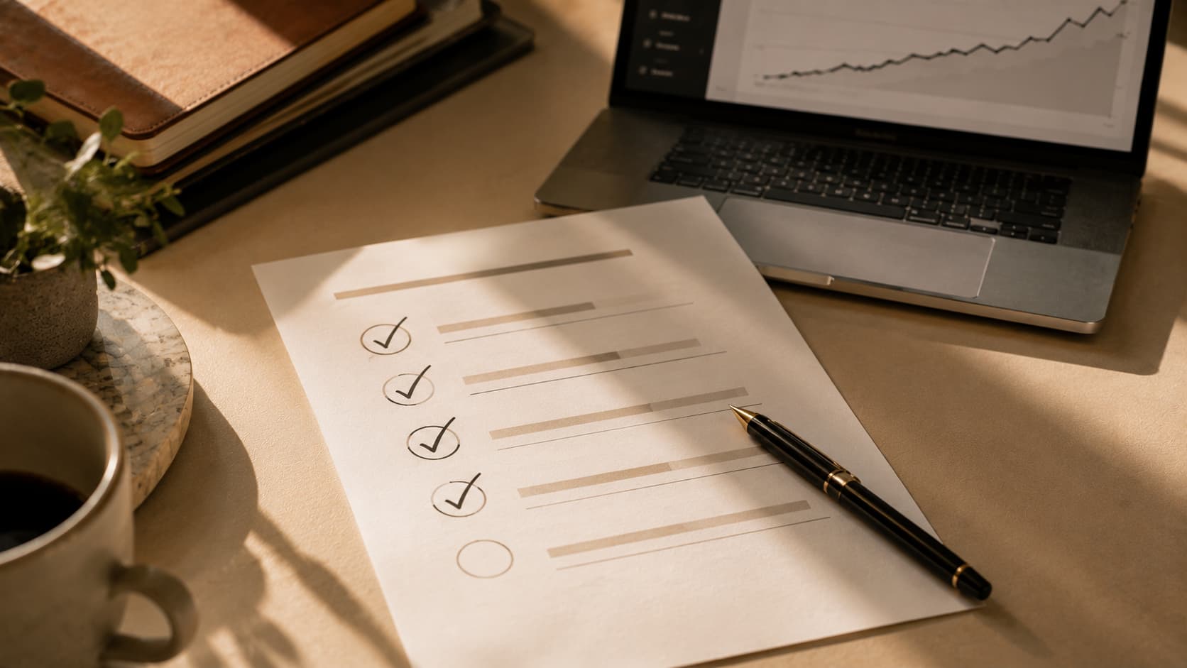 Audit checklist and growth chart on a sunlit desk