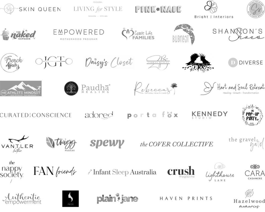 Logos of Australian businesses coached by The Elevatory, including Skin Queen, Daisy's Closet, Adored Illustrations, Fan Friends and Haven Prints