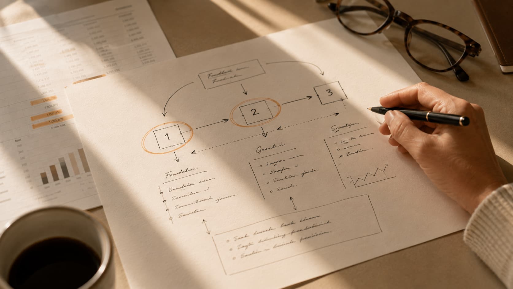 Hand mapping an implementation plan on paper