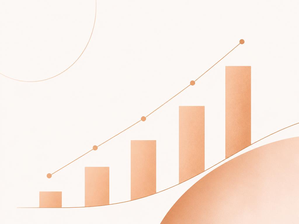 Abstract copper artwork of a rising bar chart, representing numbers and analytics episodes