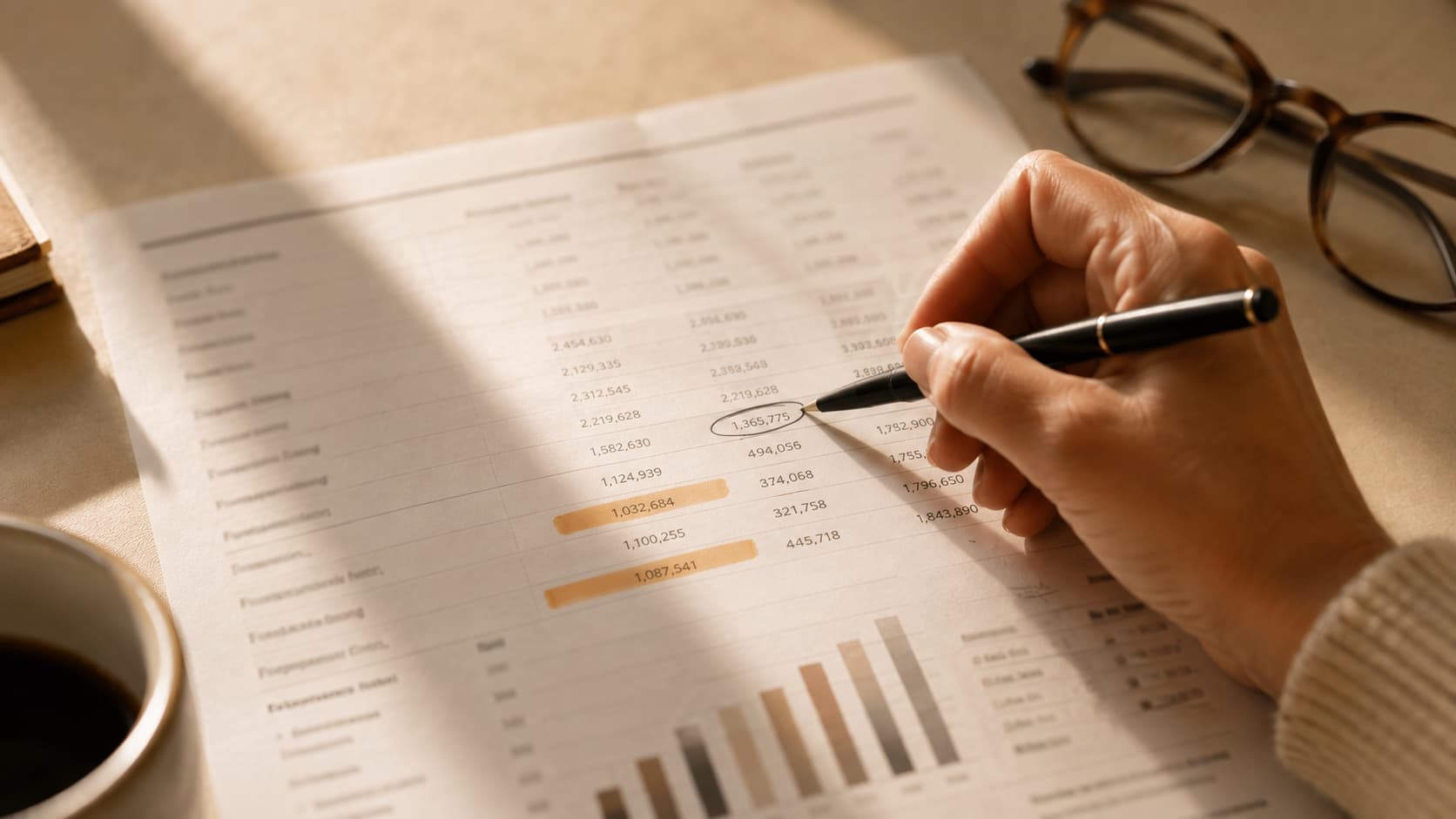 Reviewing tracked revenue figures with a pen