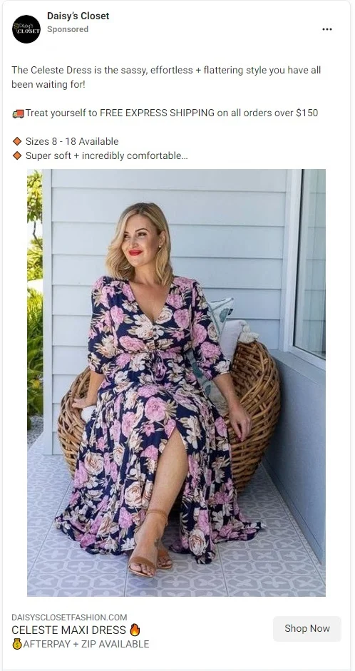 Facebook ad creative used in the Daisy's Closet campaign