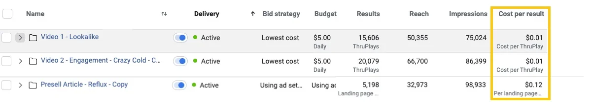 Meta Ads results dashboard for The Spewy